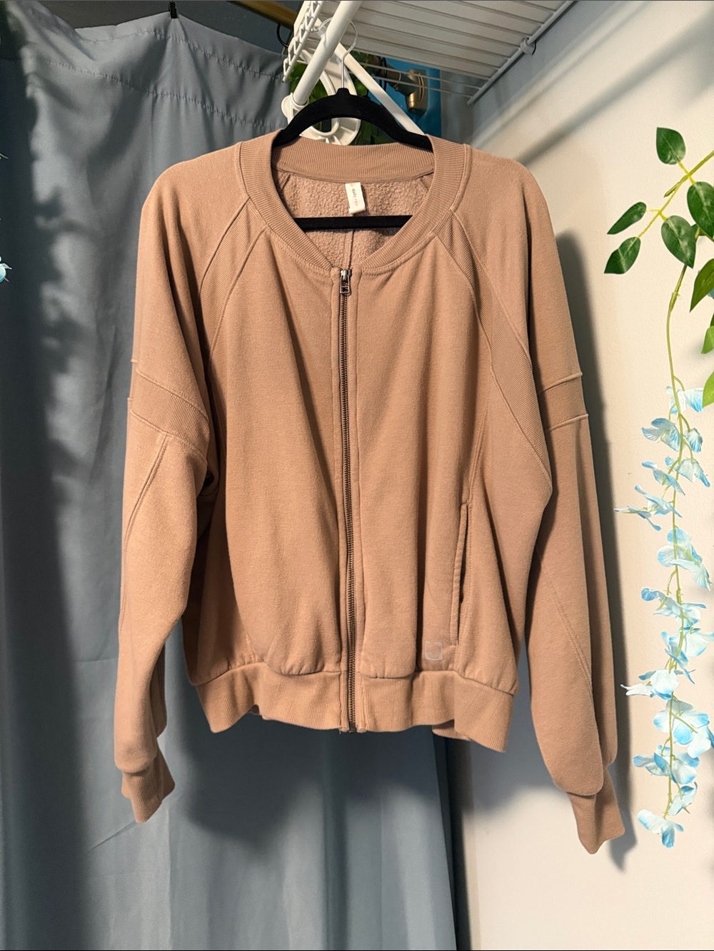 Zip-Front Bomber Jacket style sweatshirt daily practice anthropologie in Taupe - Picture 1 of 3